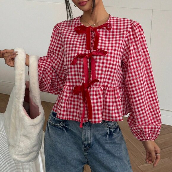 Red And White Casual Women's Cowgirl Hippie Round Neck Gingham Print Top - Picture 5 of 6